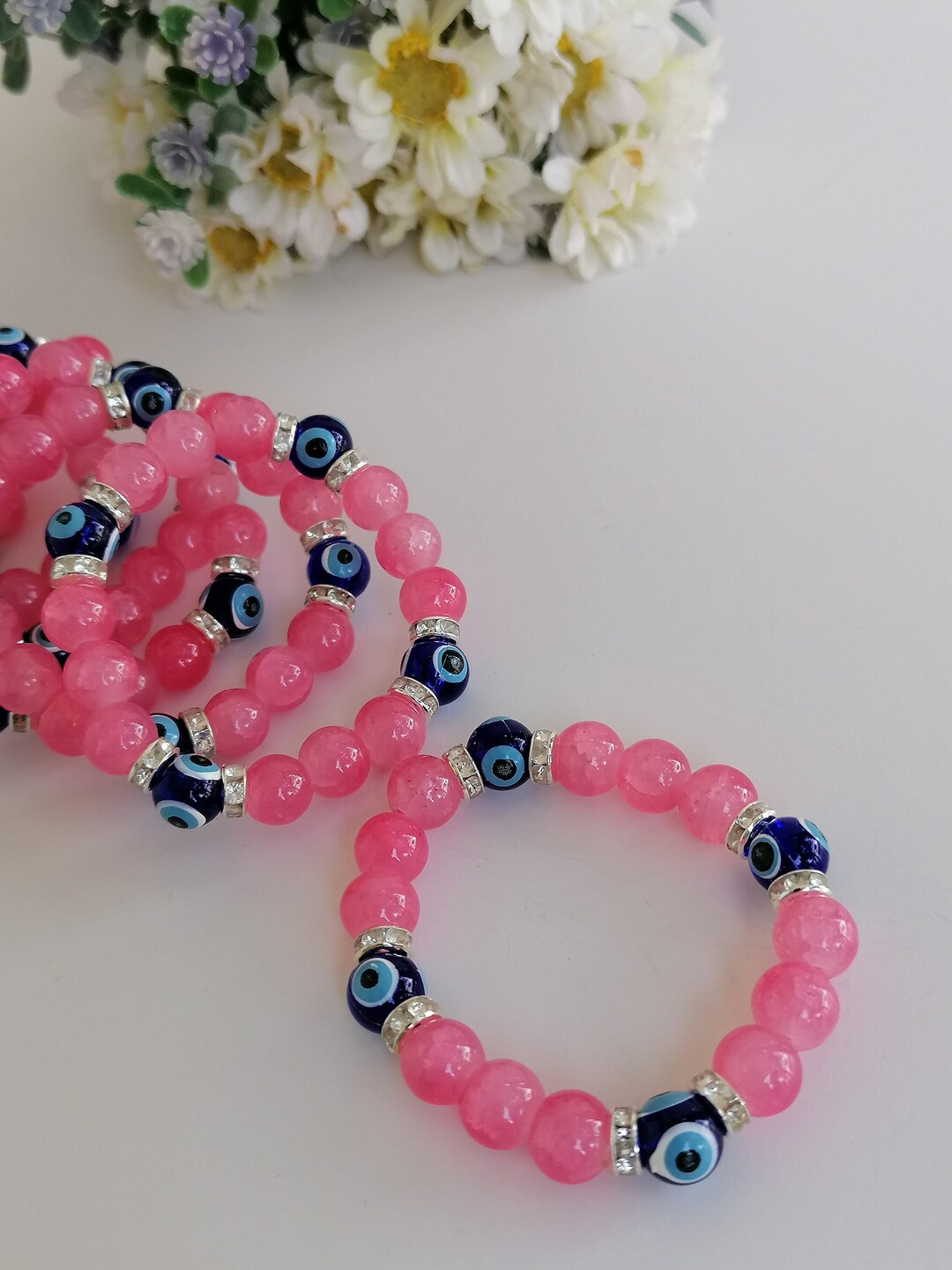 Baby Evil Eye Bracelet, Stretchable Bracelet, Baby Gift, Pink Evil Eye