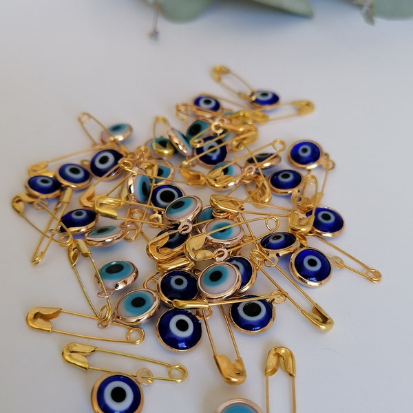 evil eye safety pins, gold plated evil eye pins, baby shower gift pin, stroller, blue evil eye bead, greek evileye pin, wedding favor, lucky