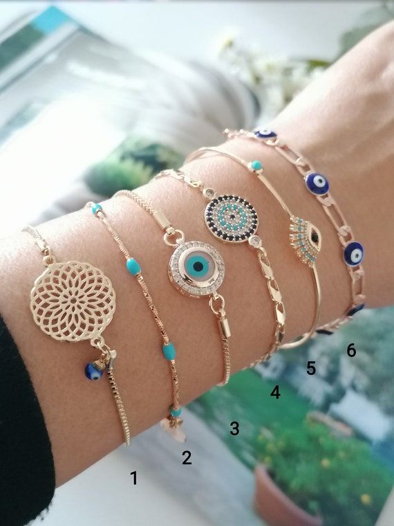 Rose Gold Chain Bracelet, Evil Eye Clover Charm Bracelet, Turkish Jewelry Blue