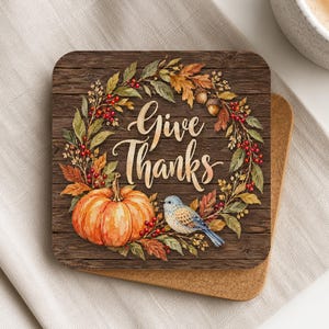 Give Thanks Coaster Set of 4, Thanksgiving Coasters, Rustic Fall Table Decor, Hostess Gift