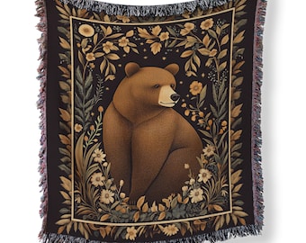 Bear Woven Blanket, Woodland Forest Throw, Wildlife Tapestry, Rustic Cabin Decor, Cozy Forestcore Gift, Nature Lover Blanket