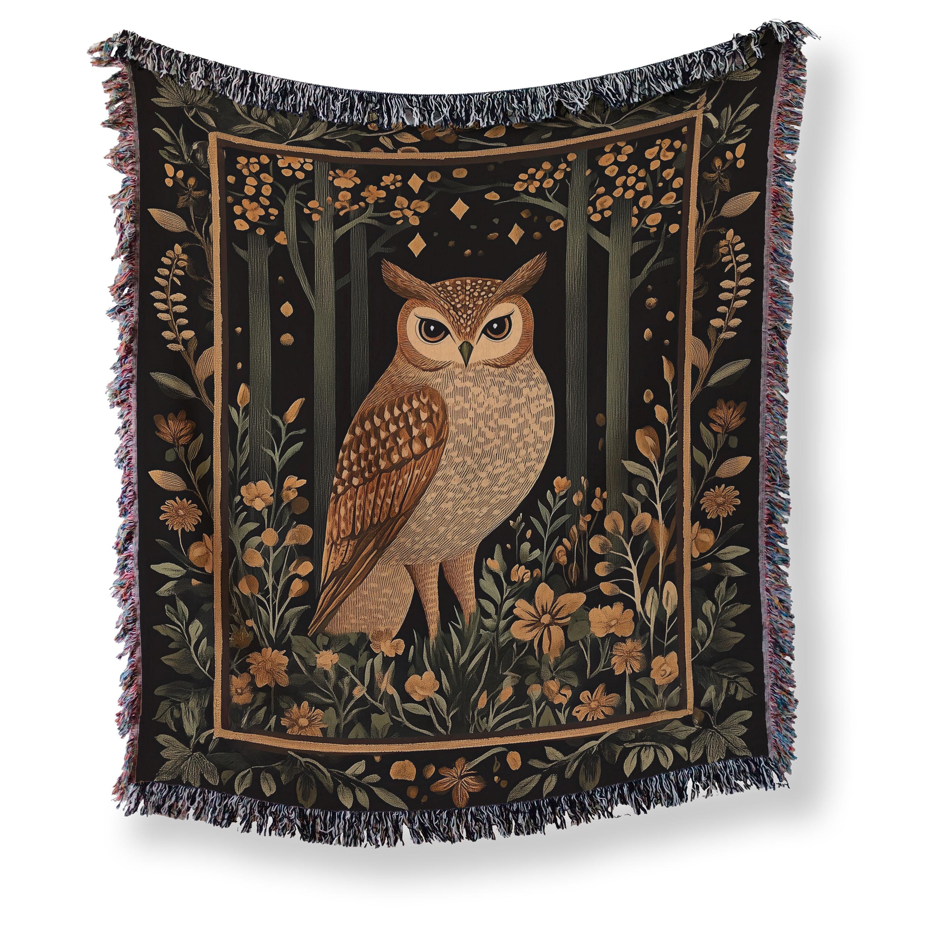 Owl Woven Blanket, Woodland Forest Throw, Wildlife Tapestry, Rustic Nature Decor, Cozy Forestcore Gi