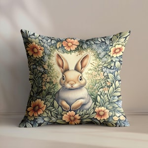 Cute Bunny with Flowers Pillow, Easter Cottagecore Decor, Couch Throw Cushion, Home Accent Gift, Spring Floral Rabbit Art, Animal Lover Gift