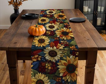Sunflower Table Runner Folk Art Style Fall Table Decor Autumn Runner Rustic Farmhouse Dining Accent Thanksgiving Table Setting