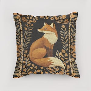 Woven Pillow, Folk Art Fox Illustration, Woodland Home Decor, Forestcore Sofa Cushion, Animal Throw Pillow, Wildlife Nature Lover Gift