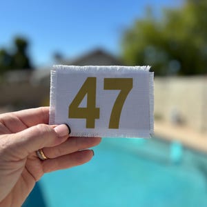 May include: A white rectangular patch with frayed edges, displaying the number 47 in gold. The patch is held against a blurred background of a swimming pool and blue sky.
