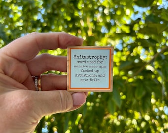 May include: A small wooden sign with a blue background and orange text. The sign reads "Shitastrophy: word used for massive mess ups, fucked up situations, and epic fails."
