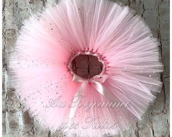 Pink and sequined Tutu skirt, 3 layers of tulle, adjustable belt