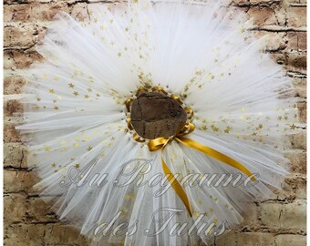 Jupe Tutu blanc et étoile dorés, 3 couches de tulle, réglable à la ceinture.