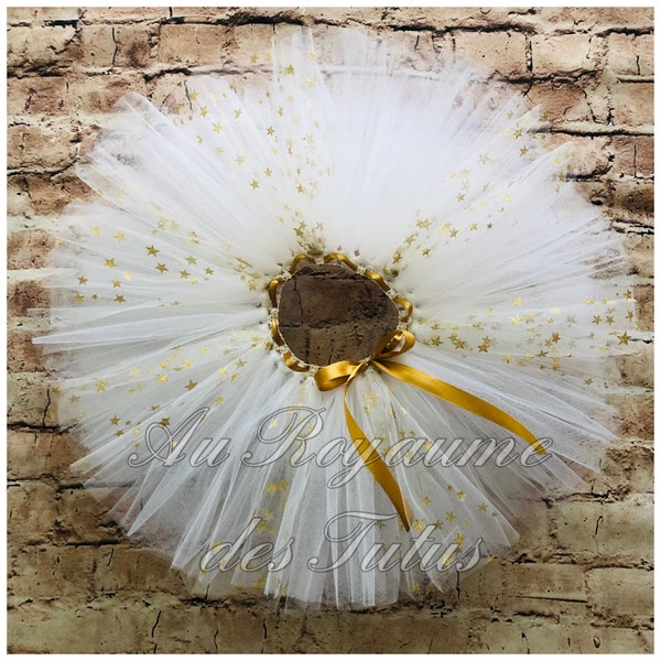 Jupe Tutu blanc et étoile dorés, 3 couches de tulle, ceinture réglable.