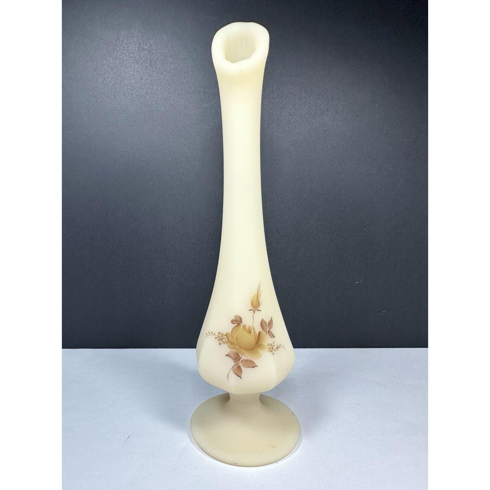 Fenton Custard Satin Glass Chocolate Rose Bud Vase Hand Painted Artist Signed Frances Burton 8.5inch Swung Vase, Art Glass