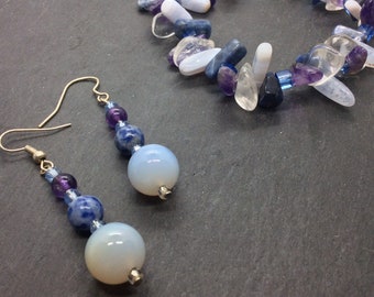 Handmade Beaded Gemstone Blue Lace Agate,Sodalite,Quartz and Amethyst Bracelet and Earring Set