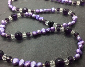 Amethyst Gemstone and Lilac Freshwater Pearl Extra Long Semi Precious Beaded Necklace Made in UK
