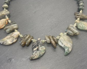 Carved ocean jasper leaves/ chunky labradorite teeth/ jade/ glass/ handmade/ beaded/ gemstone/ necklace