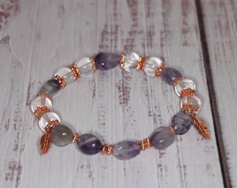 Gemstone Stretch Bracelet, Amethyst Clear Quartz Feather Charm Copper Nature Bead Rose Gold Jewelry Gift For Women Mothers Day Gift