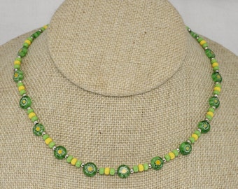 Green Millefiori Floral Bead Necklace, Colourful Bead Necklace Floral Bead Necklace Citrus Jewelry