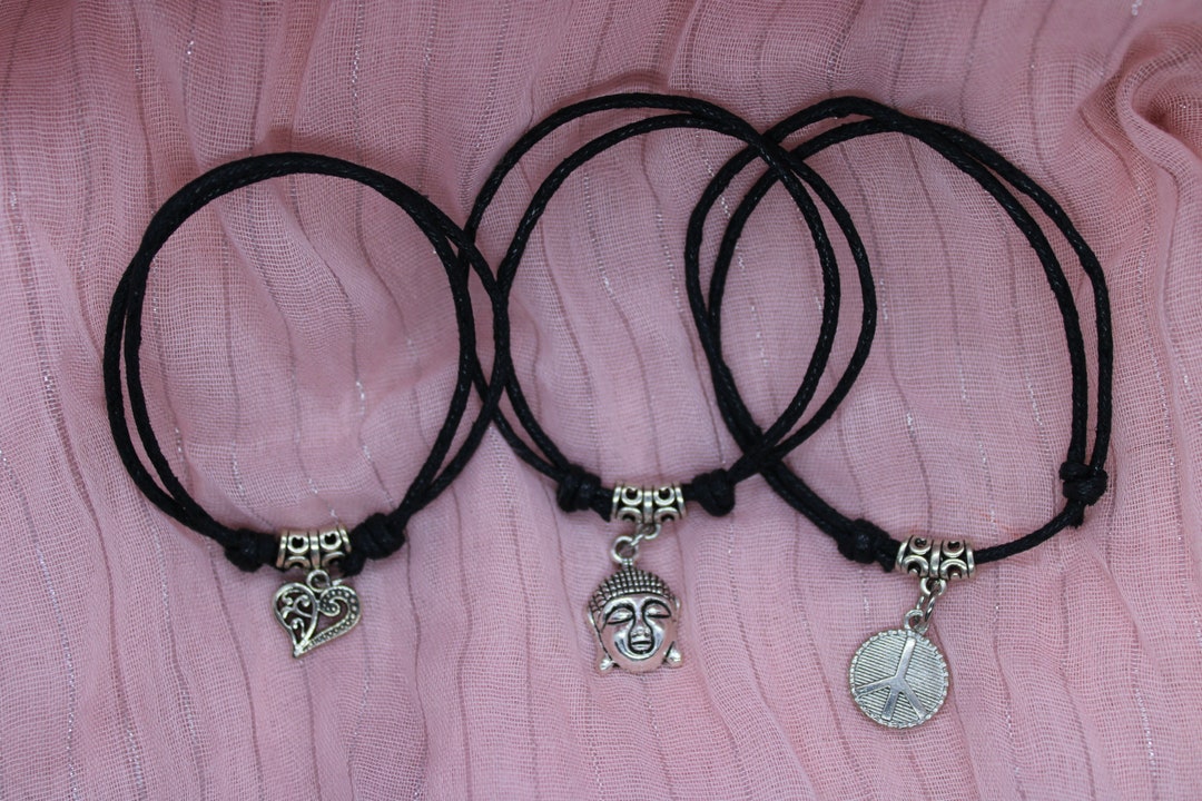 Adjustable Cotton Cord Charm Bracelet Black Cord Heart Buddha Etsy Canada
