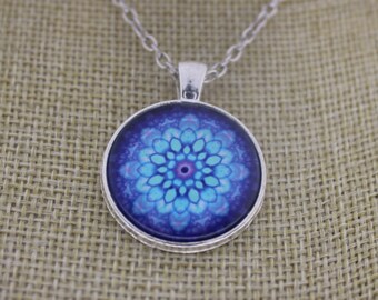 Blue Mandala Cabochon Necklace Geometric Floral Pendant 25mm 1 Inch Glass Dome Folk Pendant