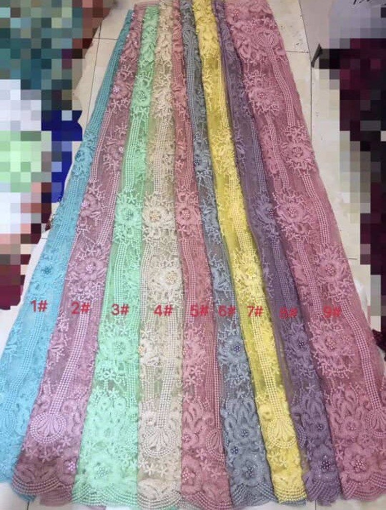 Beaded Sequins Lace Fabric New Design Tulle beaded Embroided Lace Applique For Wedding Dress 5 Yards