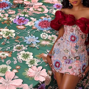 3D Flower Lace Fabric,Colorful Tulle Lace with 3D Flowers,Embroidery Colorful Tulle Lace Fabric For Dress Sold per Yard