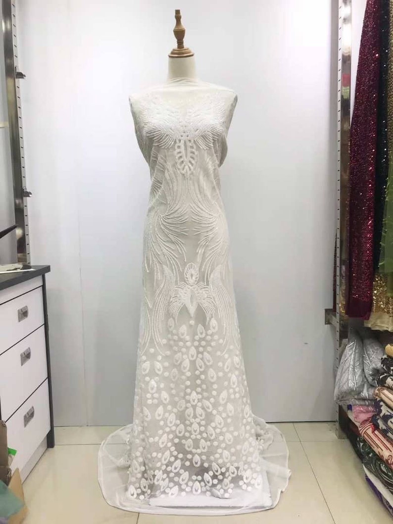 New Design Tulle Lace Fabric With Sequins Net Embroided Lace Applique For Wedding Dress 5 Yards