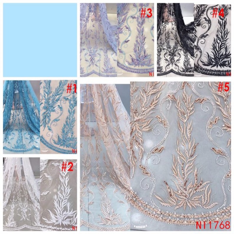 Embroidered Bridal Beaded Lace Fabric New Design High Quality Luxurious French lace Fabric For Wedding Dresses Tulle Lace Mesh Lace 5 Yards
