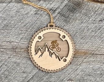 MTB Sprocket Layered Natural Wood Ornament | Personalized | Mountain Bike | Gift | Christmas | Tag | Bicycle | Mountains