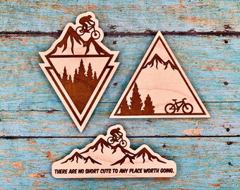 Mountain Bike Magnet Set: Laser Engraved Maple & Walnut
