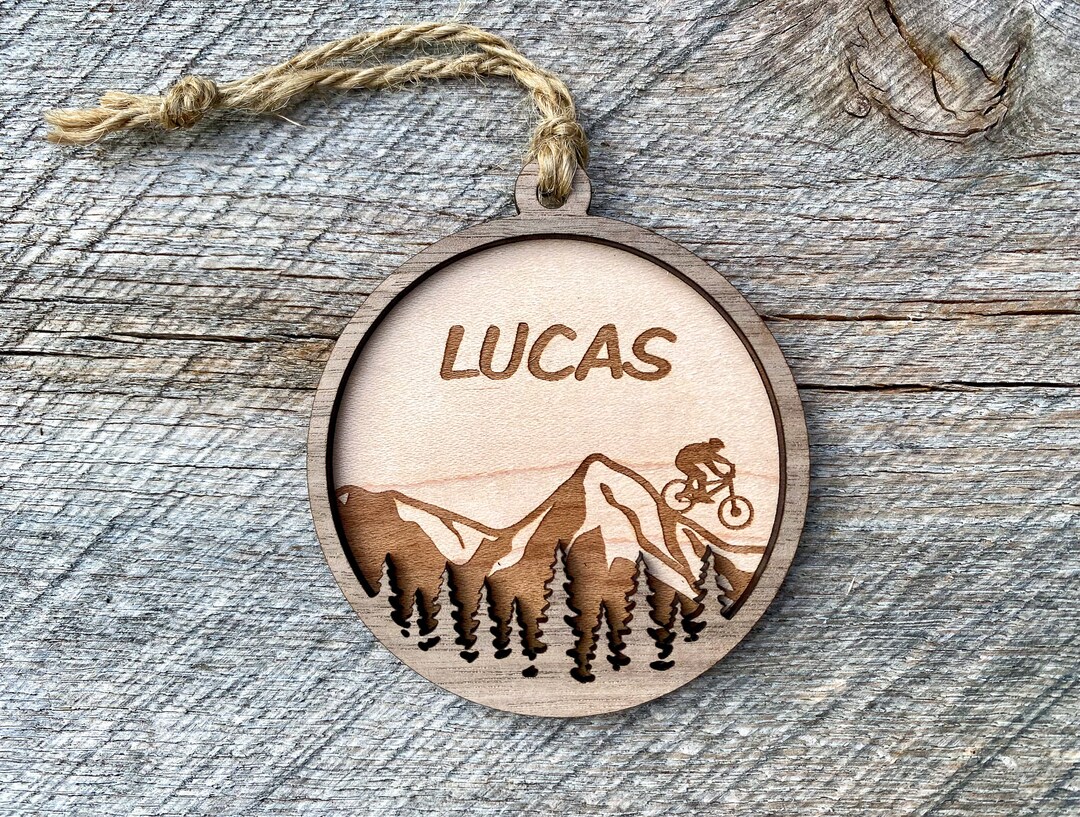 MTB Mountain & Forest Natural Wood Ornament Personalized Mountain Bike