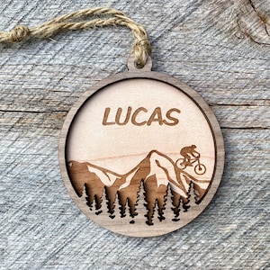 MTB Mountain & Forest Natural Wood Ornament | Personalized | Mountain Bike | Christmas Gift | Mountainscape | Decor