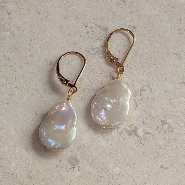 Pearl Drop Earrings 14K Gold Filled, Baroque Pearl Dangle Earrings, Lightweight Earrings, Leverback Earrings, Bridesmaid Gift, Wedding