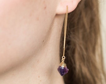 Amethyst Threader Earrings, 14k Gold Filled Dangle Earrings, Sterling Silver Minimalist Chain Earring, Lightweight Crystal Threader Earrings