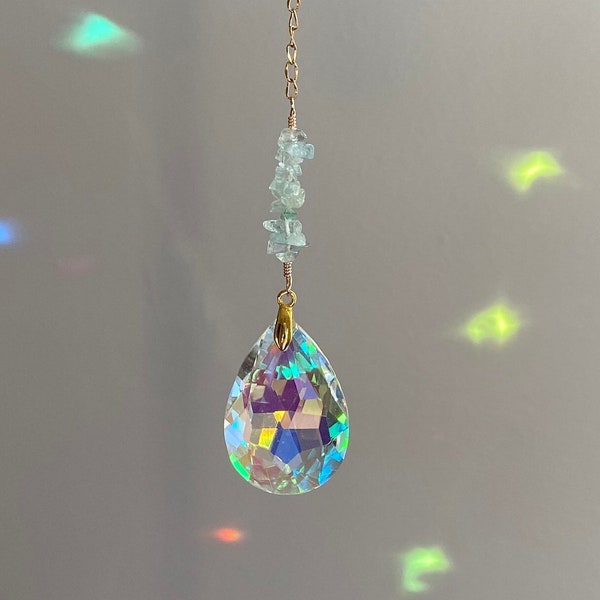 Aquamarine Crystal Mini Sun Catcher • March Birthstone Rainbow Maker • Housewarming Nursery Birthday Handmade Gift • Gemstone Home Decor Art