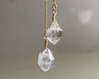 Herkimer Diamond Threader Earrings, 14k Gold Filled Crystal Drop Dangle Earrings, April Birthstone Gift, Dainty Gold Everyday Jewelry
