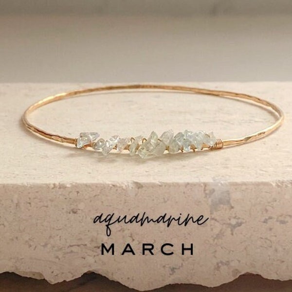 Aquamarine Crystal Bangle Bracelet, Personalized 14k Gold Filled Bracelet, March Birthstone Stacking Bracelet