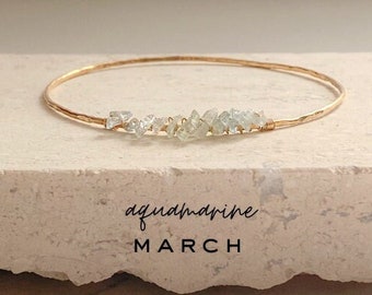 Aquamarine Crystal Bangle Bracelet, Personalized 14k Gold Filled Bracelet, March Birthstone Stacking Bracelet