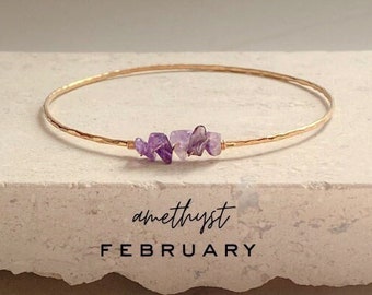 Amethyst Crystal Bangle Bracelet, Personalized 14k Gold Filled Bracelet, February Birthstone Stacking Bracelet