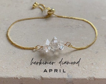 Gemstone Bead Bracelet, Herkimer Diamond Bracelet, April Birthstone Gift, Genuine Crystal Gold Adjustable Bracelet