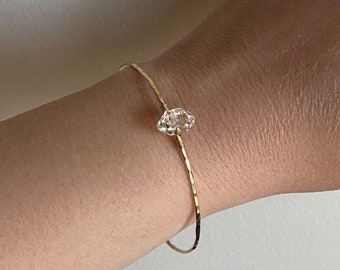 Large Herkimer Diamond Crystal Bangle Bracelet, 14k Gold Filled Bracelet, April Birthstone Stacking Bracelet