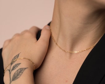 14k Gold Filled Paperclip Chain Necklace Bracelet Set • Gold Silver Rectangle Chain Choker Set • Gift for Her • Small Paperclip Gold Silver