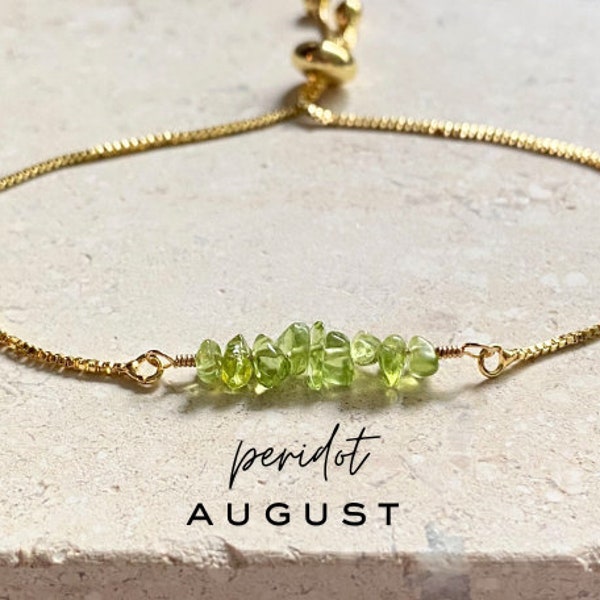 Peridot Gemstone Bead Bracelet, Gold Peridot Bracelet, August Birthstone Gift, Genuine Crystal Gold Adjustable Bracelet