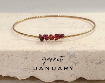 Garnet Crystal Bangle Bracelet, Personalized 14k Gold Filled Bracelet, January Birthstone Second Anniversary Stacking Bracelet