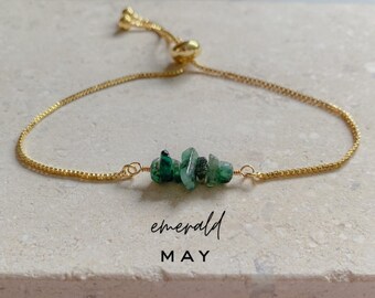 Gemstone Bead Bracelet, Emerald Bracelet, May Birthstone Gift, Genuine Crystal Gold Adjustable Bracelet