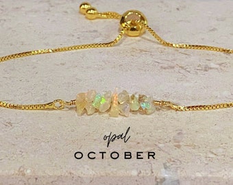 Opal Bracelet, Gold Adjustable Opal Bracelet, Natural Crystal Jewelry, October April Birthstone Gift, One Size Fits Most