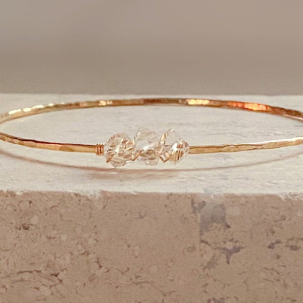 Herkimer Diamond Crystal Bangle Bracelet, 14k Gold Filled Gemstone Bracelet, April Birthstone Stacking Bracelet