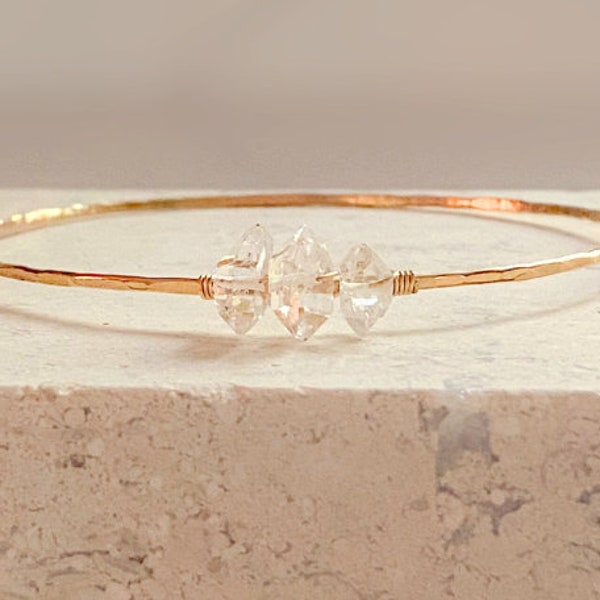 Herkimer Diamond Crystal Bangle Bracelet, 14k Gold Filled Gemstone Bracelet, April Birthstone Stacking Bracelet