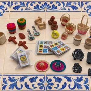 May include: A collection of miniature items including woven baskets, two small guitars, wooden crosses, two decks of Loteria cards, two sombreros, two black speckled stone-like grinding tools, and small clay-colored pots and furniture pieces.