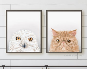 Ensemble créatures magiques harfang des neiges et chat orange, oeuvres d'art imprimables animaux assortis, oeuvre d'art murale film pour chambre à coucher, décoration de livre, cadeau pour enfant