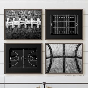 Black and White Set of 4 Gallery Wall Art, Sports Balls Poster, Teen Boy Wall Decor, Kids Artwork, Teenager Bedroom Artwork, Birthday Gift