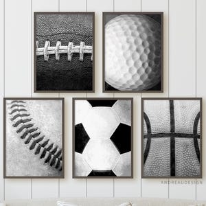 Matching Five Vertical Black and White Sports Prints, Teen Boy Birthday Gift, Kids Play Room Wall Art, Teenage Room Decor, Tween Artwork